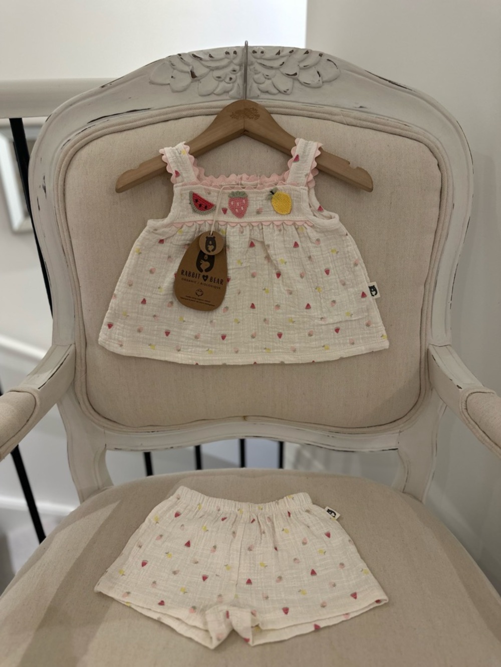 🍉 6~9 Mth Organic Cotton Rabbit + Bear Baby Two-Piece Fruit Appliqué Set NWT